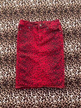 TRIPP NYC red leopard pencil denim skirt